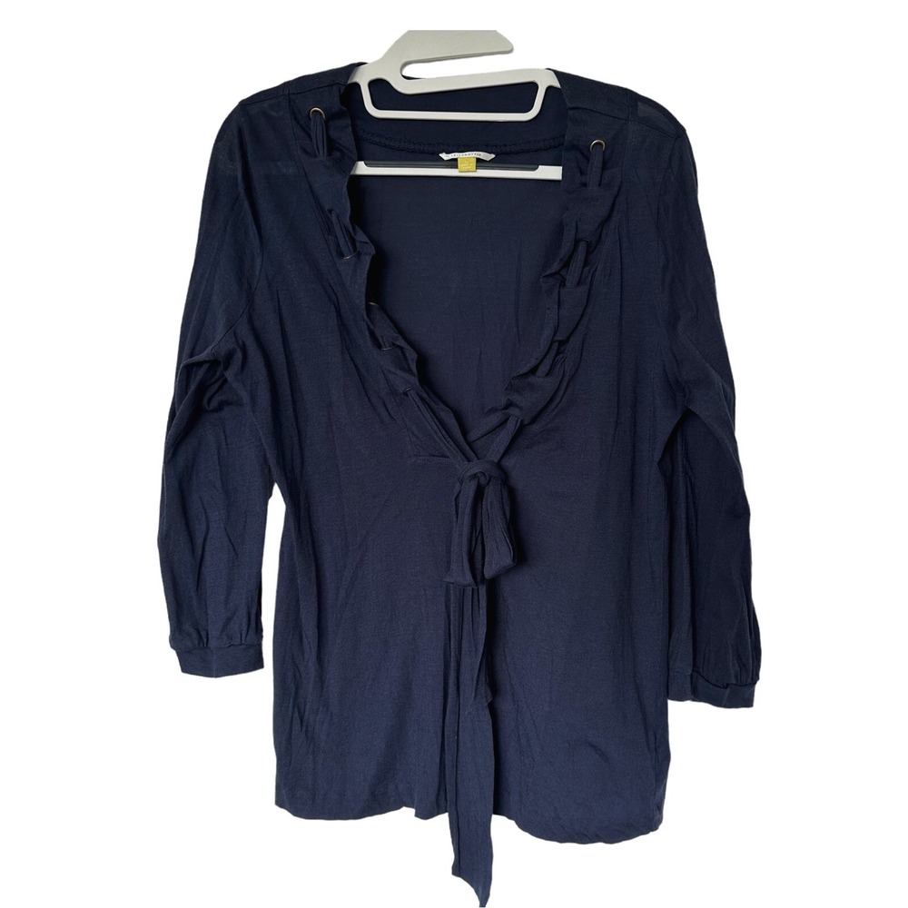 Leifsdottir Whimsigoth Romantic Cotton Silk Top L Ruffle Tie V-Neck 3/4 Sleeve